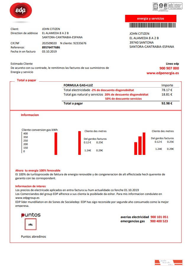 Spain EDP Energia utility bill template in Word and PDF format